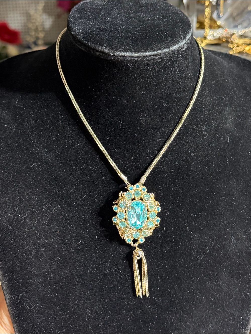 Vintage Two Tone Aqua Crystal Pendant Tassels Necklace